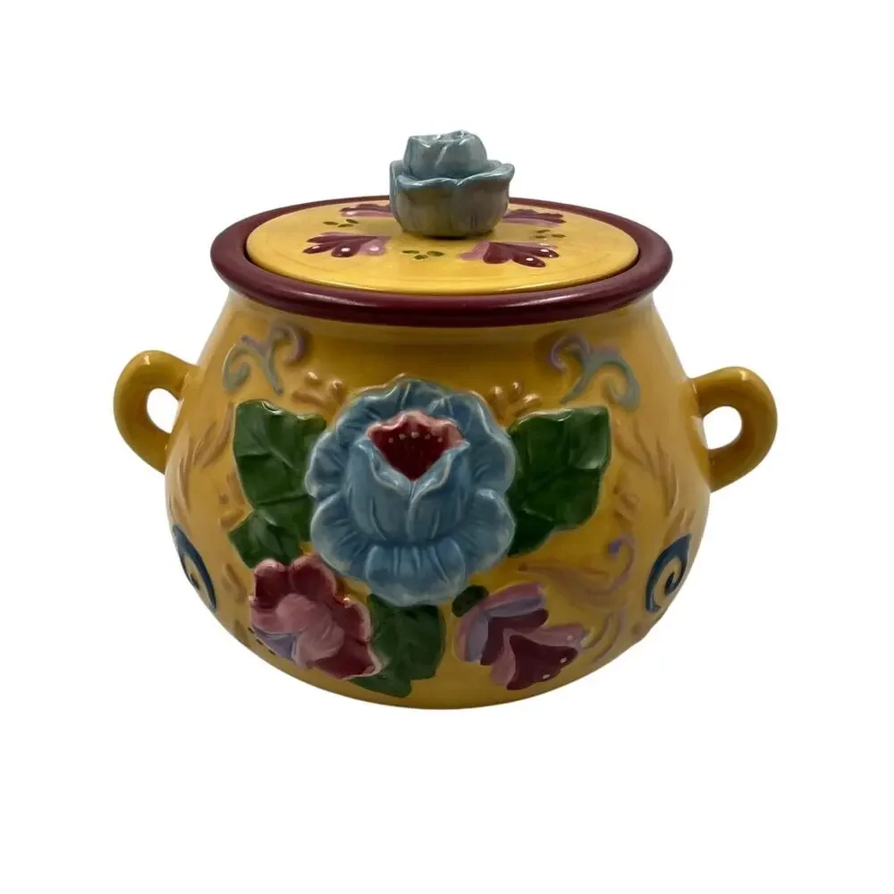 Jim Shore Heartwood Creek Crock Jar W Lid Ceramic Floral Cottage‎ Core Folk Art